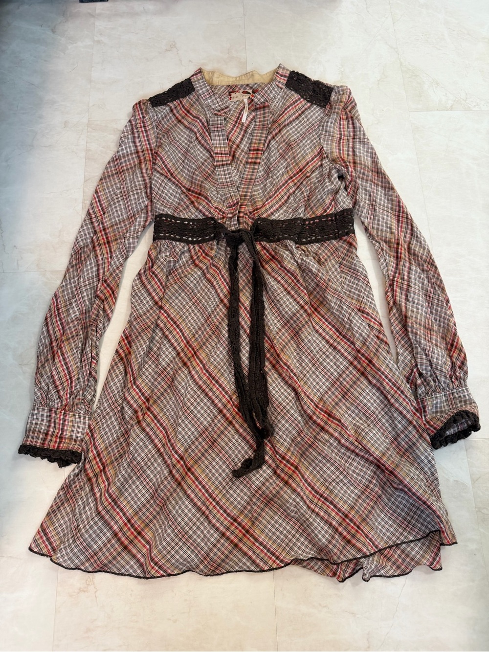Y2K Free People Plaid Babydoll Mini Dress Crochet Lace Trim Boho Tunic